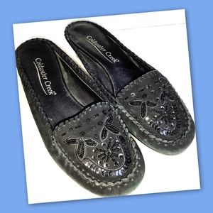 Coldwater Creek Black Suede Bedazzled Mules Slide